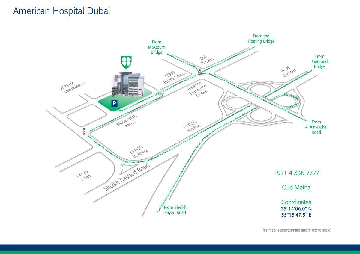 mapa do hospital Americano em Dubai